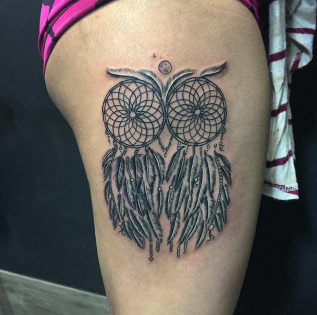 Creative Owl-Shaped Dreamcatcher Tattoo Design