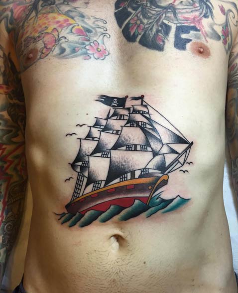 Neo Traditional Pirate Ship Tattoo by Alessandro Lemme 