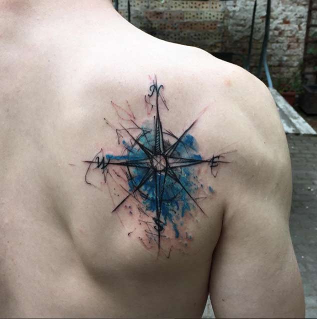 Watercolor Compass Tattoo by Kamil Mokot
