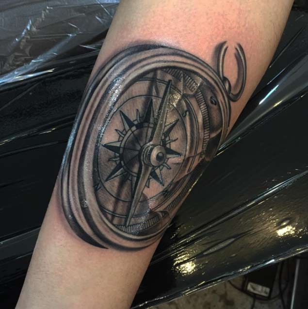 Black and Grey Ink Compass Tattoo