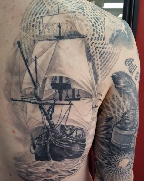 Black & Grey Ink Ship Tattoo by Darrell Hobbs