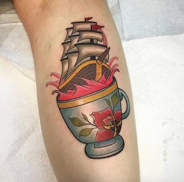 Ship in Teacup Tattoo by Lonny Morgan
