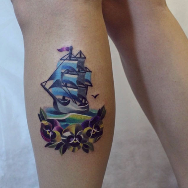 Colorful Ship Tattoo Design by Sasha Unisex