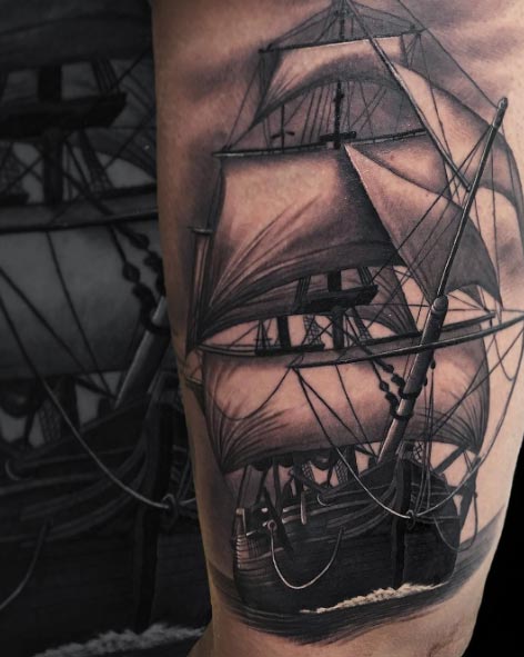 Blackwork Ship Tattoo by Jumilla Olivares