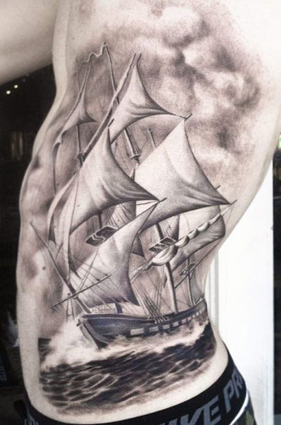 Ship Tattoo on Side by Josh Duffy