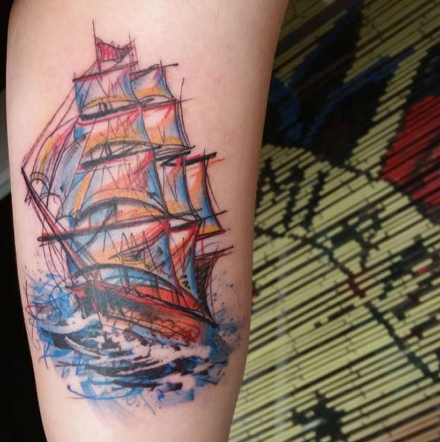 Sketch Style Ship Tattoo by Ael Lim