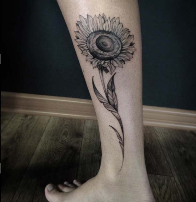 Sunflower Tattoo on Leg by Ivy Saruzi