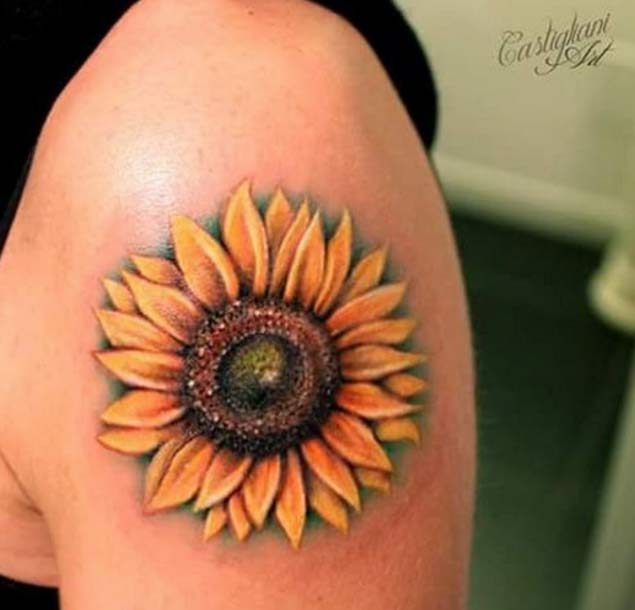 Sunflower Tattoo on Shoulder by Castigliani