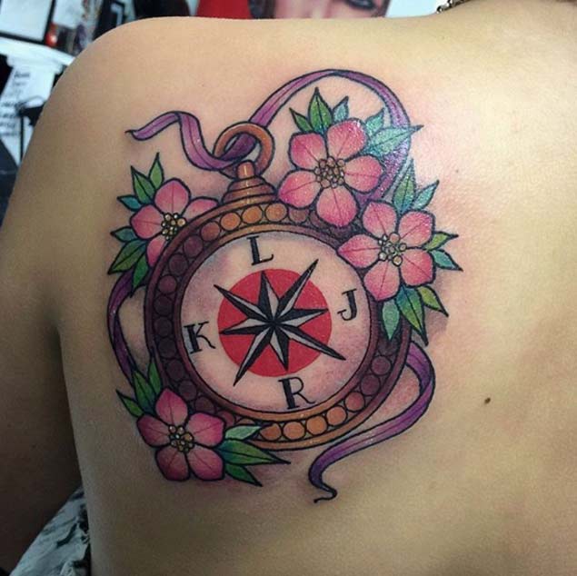 Compass Tattoo with Pink Flowers by Sami Locke