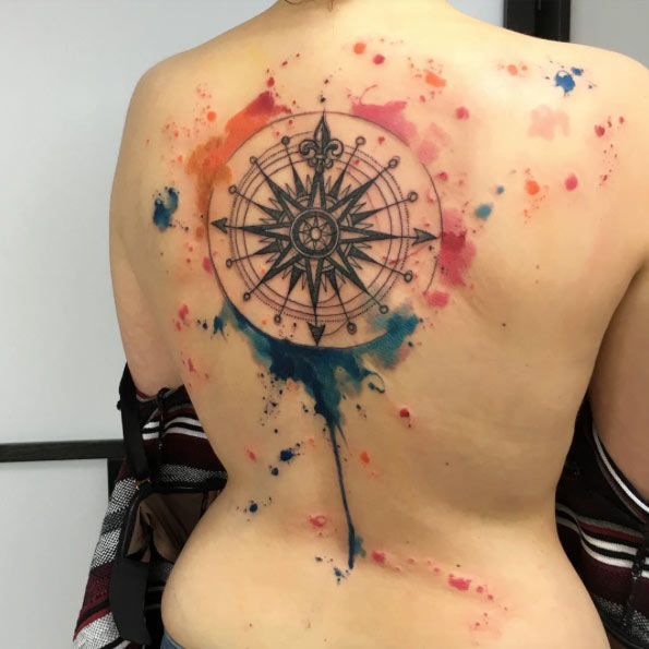 Watercolor Compass Tattoo on Back by Emrah de Lausbub