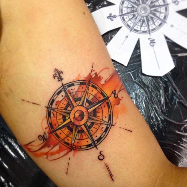 Watercolor Compass Tattoo Design