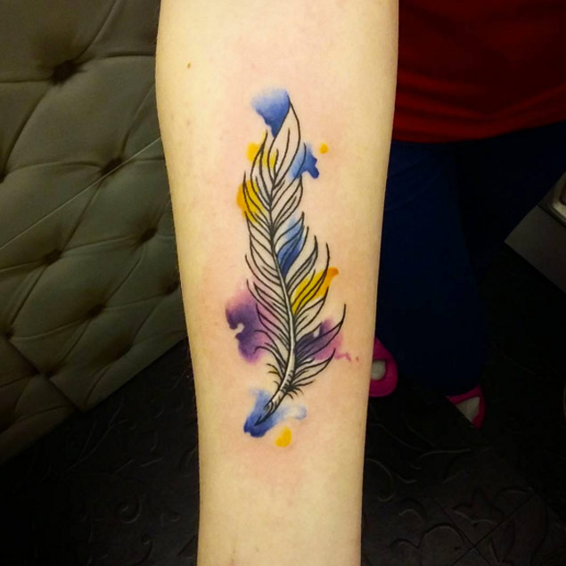 Watercolor Feather Tattoo by Violetta Headbanger.