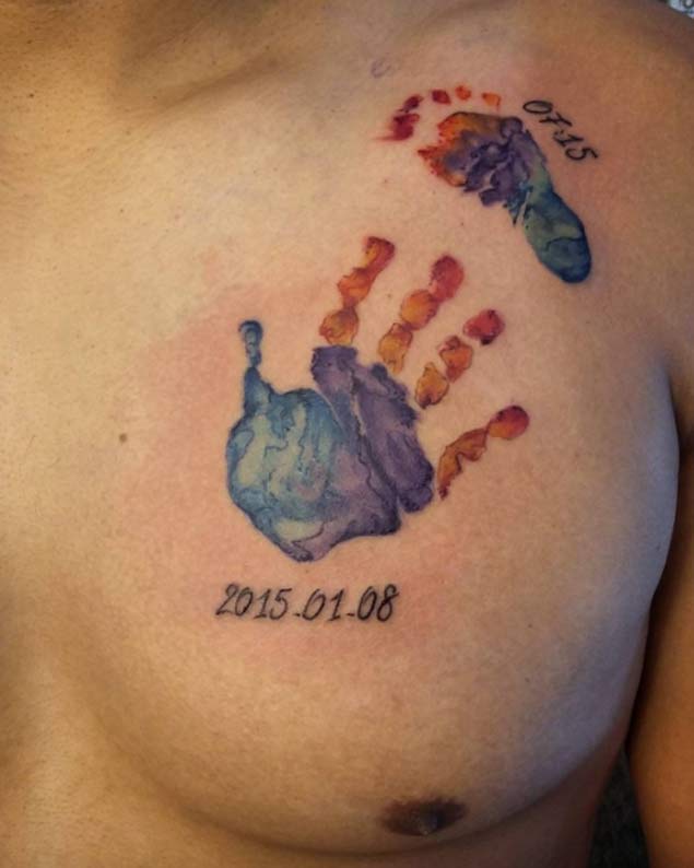 Watercolor Footprint/Palmprint tattoo by Celso