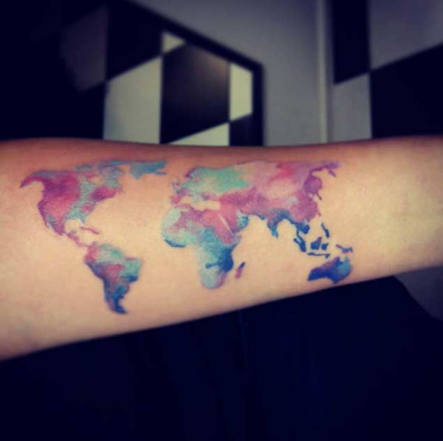 Watercolor World Map Tattoo by Nathalie Chili Rehn