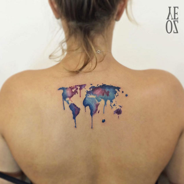Watercolor World Map Tattoo by Yeliz Ozcan