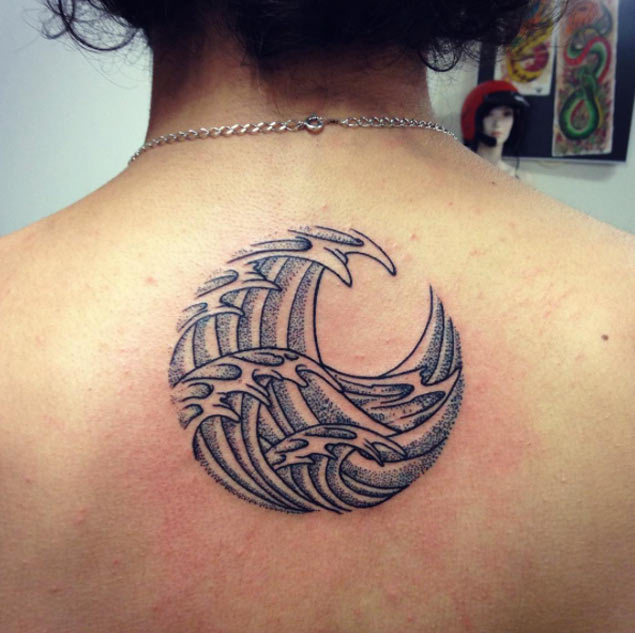 Wave Tattoo on Back by Victor Herrero