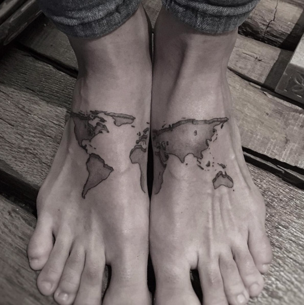 World Map Tattoo on Foot by Balazs Bercsenyi