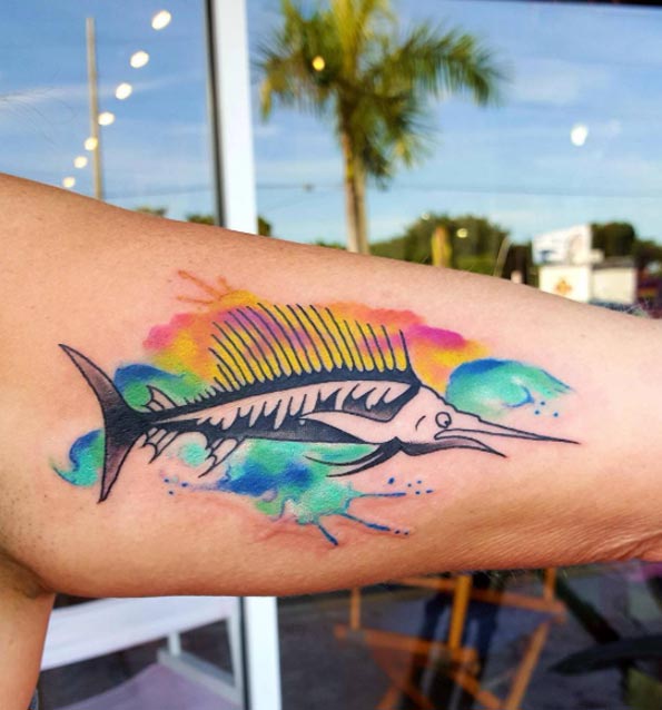 Watercolor Swordfish Tattoo by Anthony Bennett