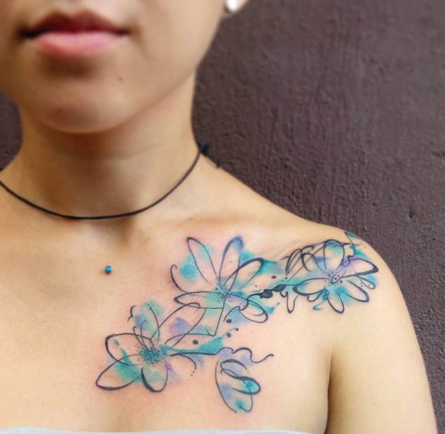 Watercolor Flowers on Shoulder by Lenara