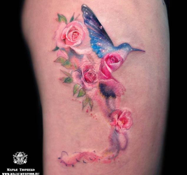 Watercolor Flowers on Thigh by Stupenka