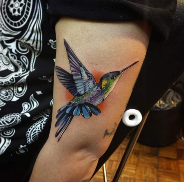 Hyperrealism Hummingbird Tattoo by Alex Bruz