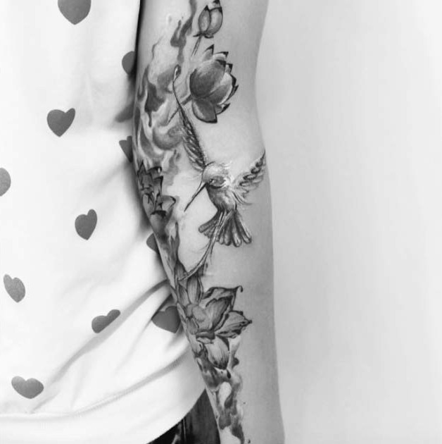 Hummingbird Half Sleeve Tattoo by Anna Yershova
