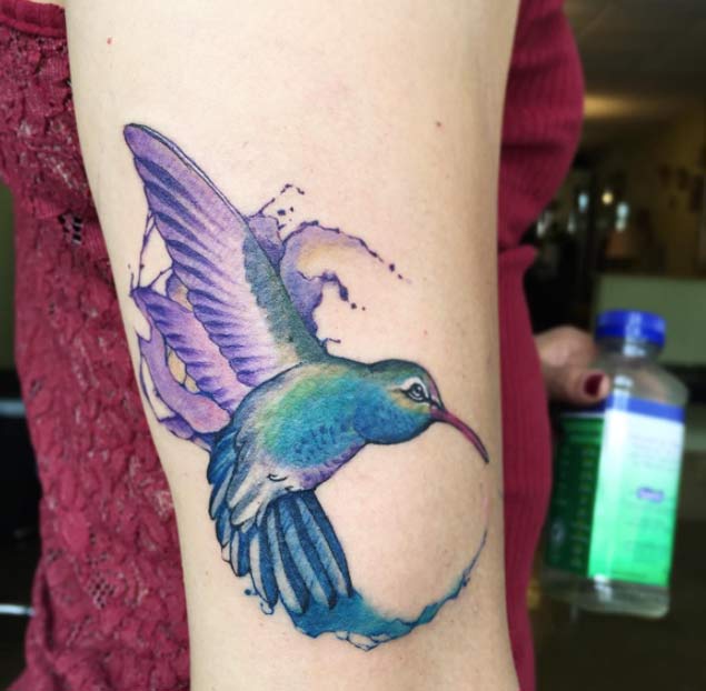 Watercolor Hummingbird Tattoo by June Jung