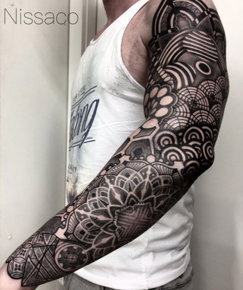Blackwork Full Sleeve Tattoo by Nissaco