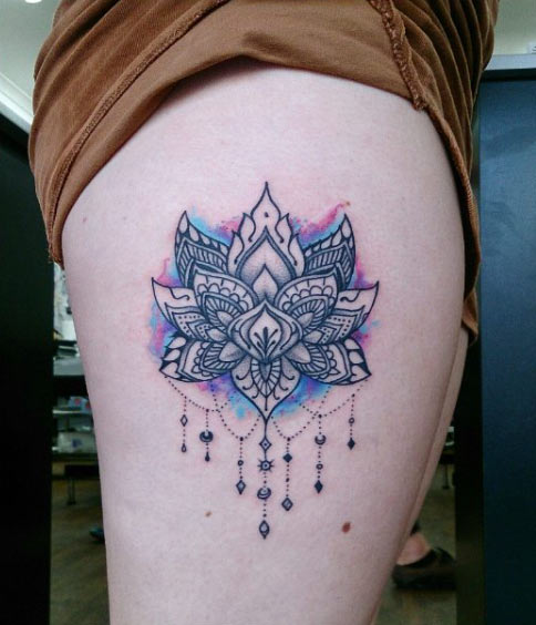 Amazing Lotus Flower Tattoo on Thigh by Aleks Mothra