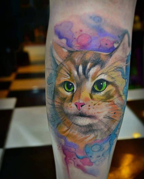 Green-eyed Cat Watercolor Tattoo by Chico