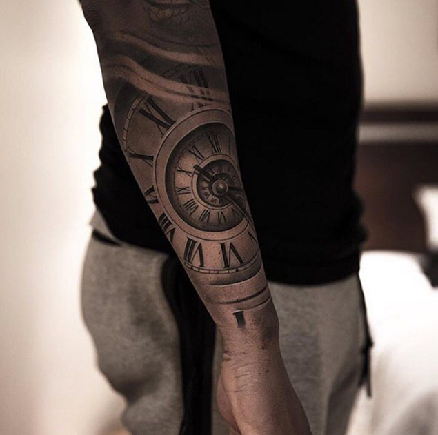 Spiraling Clock Tattoo by Niki Norberg