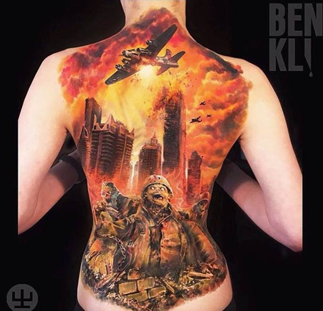 Zombie Apocalypse Full Back Tattoo by Ben Klishevskiy
