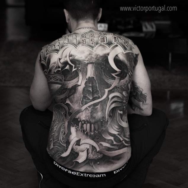Full Back Skull Tattoo by Victor Portugal