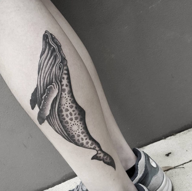 Whale Tattoo on Leg by Ben Doukakis