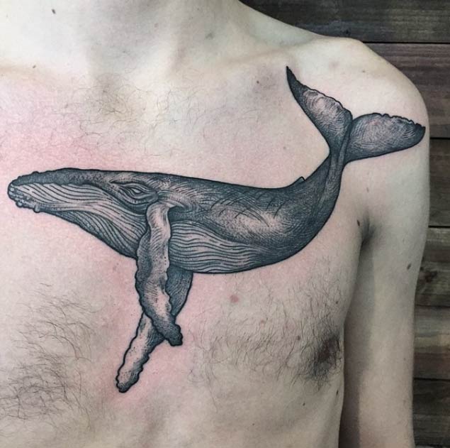 Humpback Whale Chest Tattoo by Sasha Masiuk