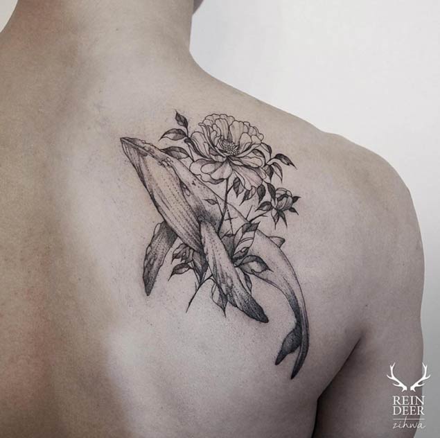 Whale with Flower Tattoo by Reindeer Ink