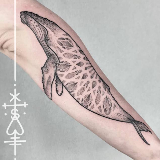 Geometric Whale Tattoo by Sarah Herzdame