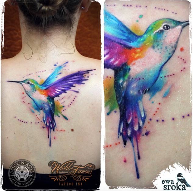 Watercolor Hummingbird Tattoo on Back by Ewa Sroka