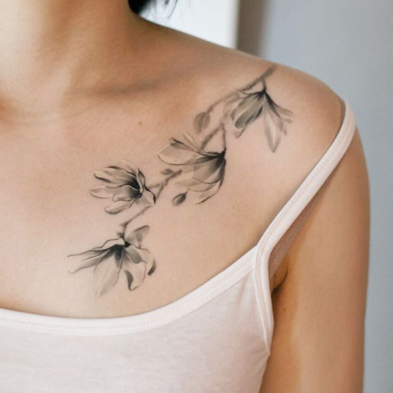 Black and Grey Ink Floral Tattoo by River
