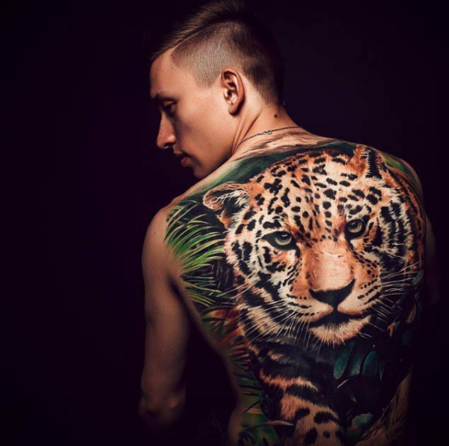 Jungle Cat Full Back Tattoo by Oleg Shepelenko