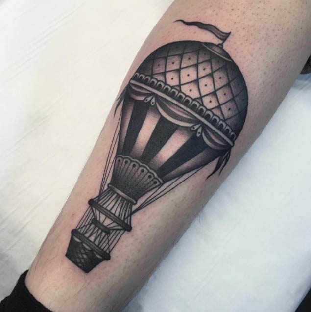 Blackwork Hot Air Balloon Tattoo by Jean Le Roux