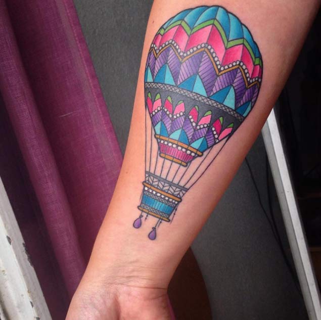 Hot Air Balloon Tattoo on Forearm by Joaquin Forero