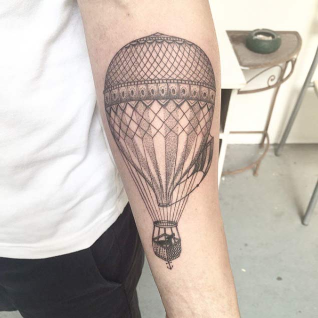 Dotwork Hot Air Balloon Tattoo by Ael Lim