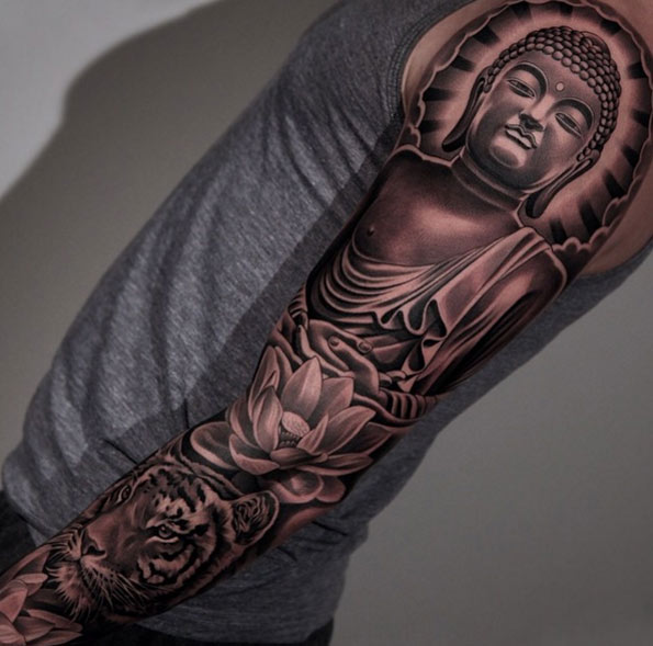 Blackwork Buddha Sleeve Tattoo by Jun Cha