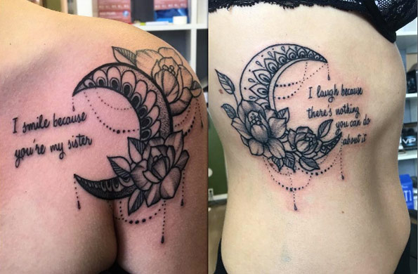 Mandala moon sibling tattoos with text by Aleksandra Jasmin