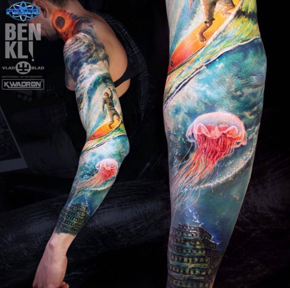 Surfer Full Sleeve Tattoo by Ben Klishevskiy