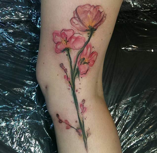 Watercolor Flower Tattoo on Leg by Chris Borchik