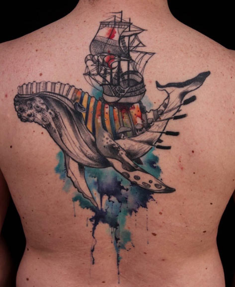 Creative Watercolor Whale Tattoo by La Malafede