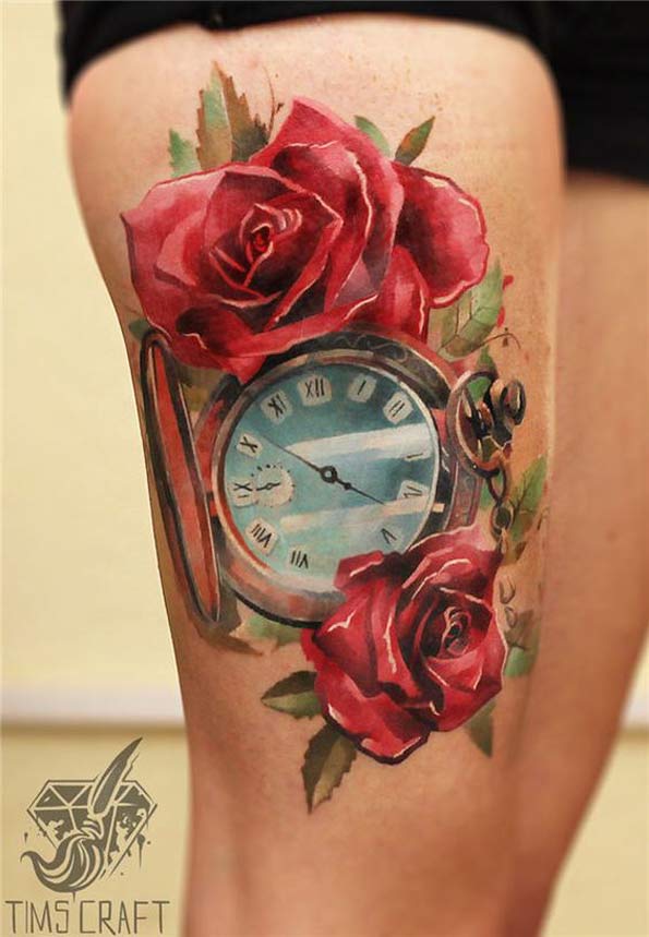Watercolor Pocket Watch Tattoo by Timscraft