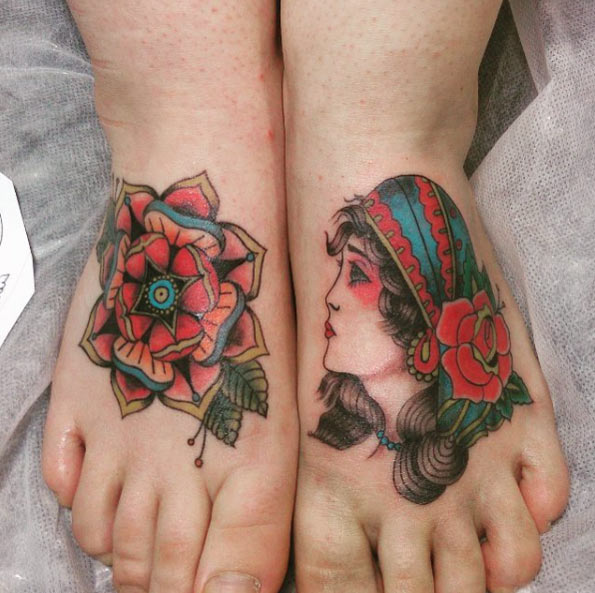 Neotraditional Foot Tattoos by Reggae Tattoo